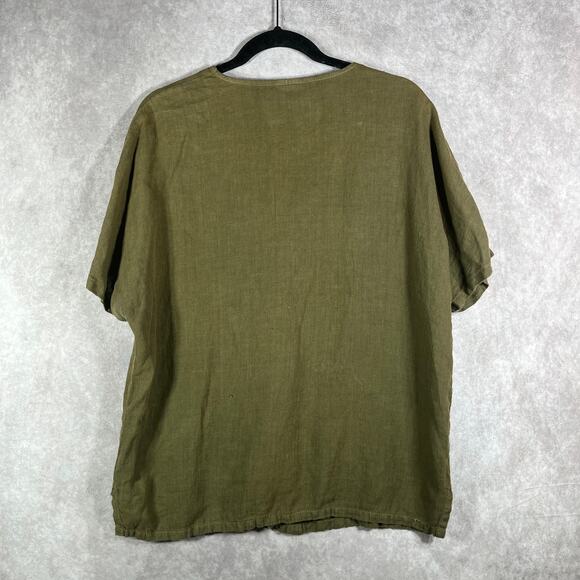 Hot Cotton Blouse Womens Medium Green Linen Button Front Minimalist Lagenlook - Picture 4 of 9